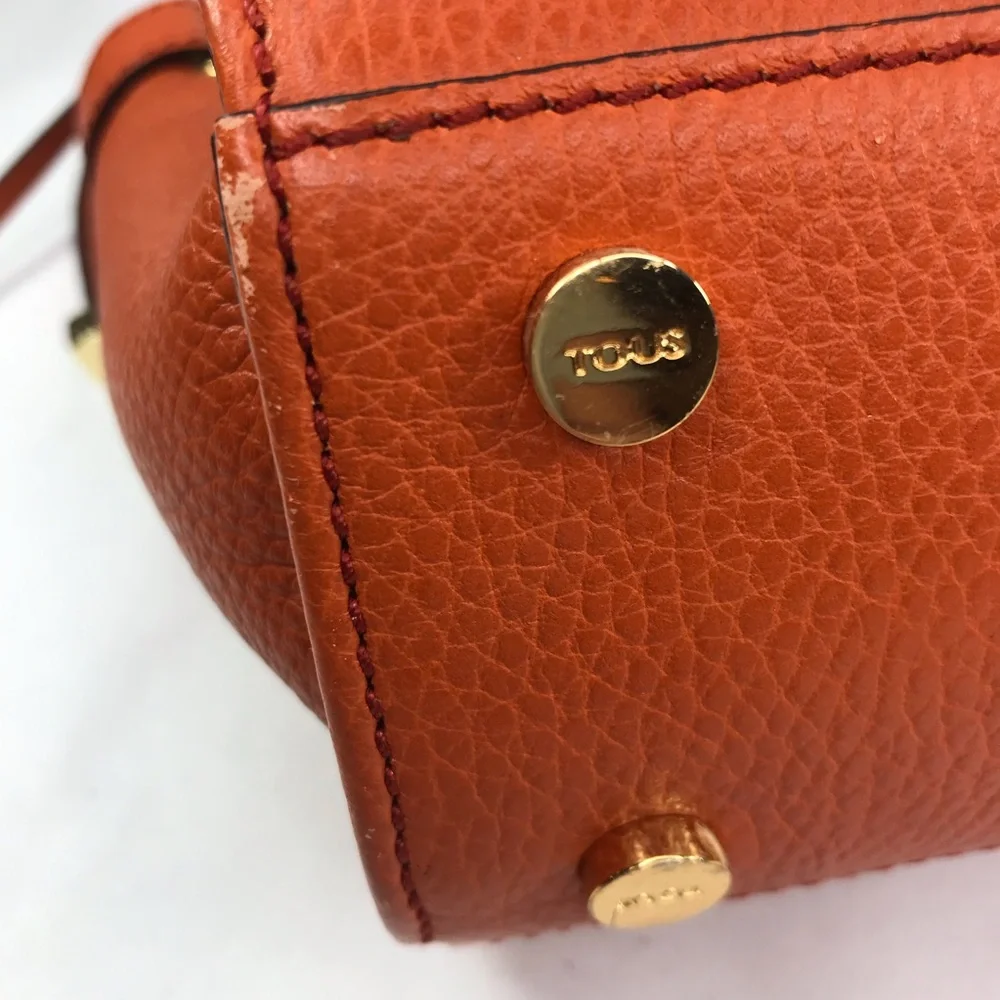 Tous Orange Pebbled Leather Double Handles Satchel Tote Purse Bag